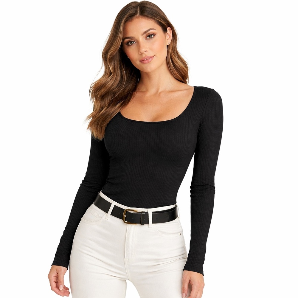SHEIN Black Ribbed Square Neck Long Sleeve Shirt
